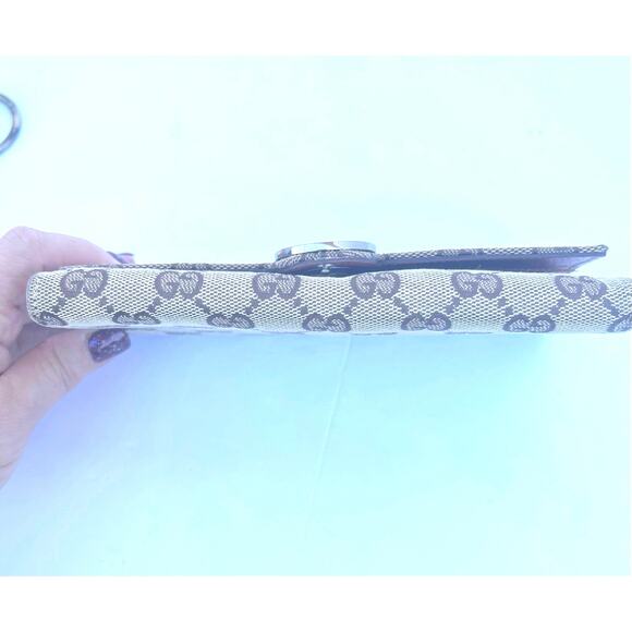 Gucci Eclipse Continental GG Monogram Brown Canvas Leather Trim Trifold Wallet - Picture 11 of 14